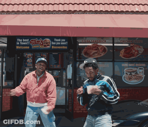 Two Men In Front Of Clam's Burgers GIF