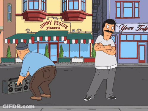 Two Men In Front Of Jimmy Pestos Pizzeria GIF