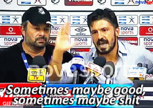 Two Men In Front Of Microphones With The Words " Sometimes Maybe Good Sometimes Maybe Shit " On The Bottom GIF