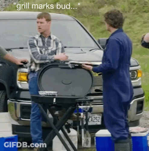 Two Men In Front Of Truck Saying Grill Marks Bud GIF