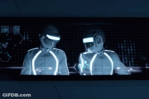 Two Men In Futuristic Helmets In Front Of Chinese Characters Screen GIF