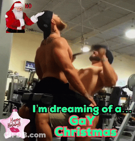 Two Men In Gym Saying I'm Dreaming Of A Gay Christmas GIF