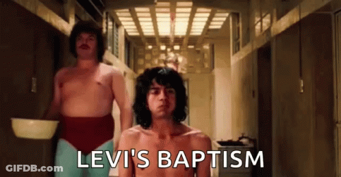 Two Men In Hallway Levi's Baptism GIF