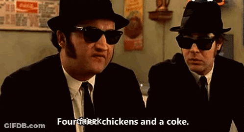 Two Men In Hats And Sunglasses Talking About Chickens And Coke GIF