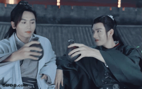 Two Men In Kimonos Holding Vase And Cup GIF