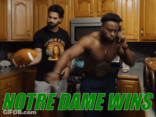 Two Men In Kitchen Notre Dame Wins Green GIF