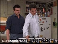 Two Men In Kitchen Saying Good Game GIF