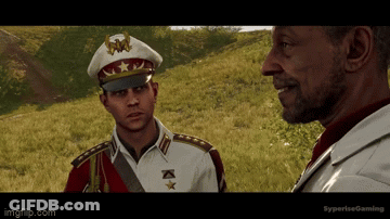 Two Men In Military Uniforms Are Standing In A Grassy Field Talking To Each Other . GIF