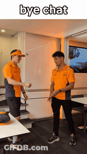 Two Men In Orange Shirts Are Standing Next To Each Other With The Words Bye Chat Written Above Them GIF