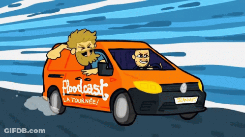 Two Men In Orange Van Saying Podcast La Tournee GIF