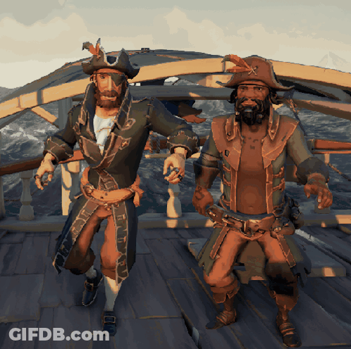 Two Men In Pirate Costumes On Wooden Deck GIF