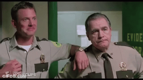 Two Men In Police Uniforms Are Standing Next To Each Other In A Room . GIF