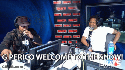 Two Men In Radio Studio Saying Perico Welcome To The Show GIF