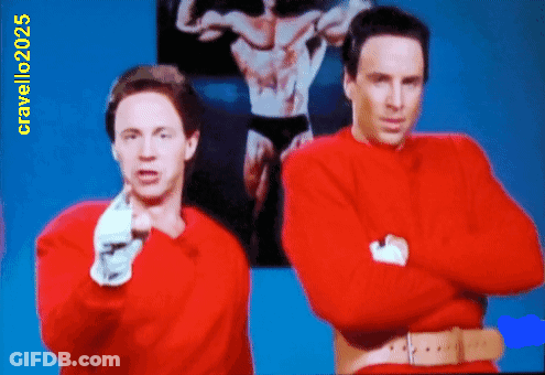 Two Men In Red Sweaters Are Standing Next To Each Other With A Picture Of A Man In Black Underwear Behind Them And The Y GIF