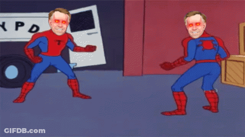 Two Men In Spiderman Costumes Are Dancing In Front Of A Xpd Van GIF