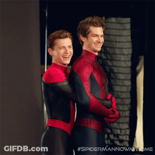 Two Men In Spiderman Costumes Hugging #Spidermannowawayhome GIF