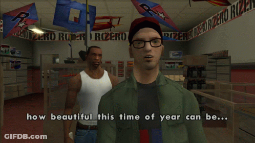 Two Men In Store Saying How Beautiful This Time Of Year Can Be GIF