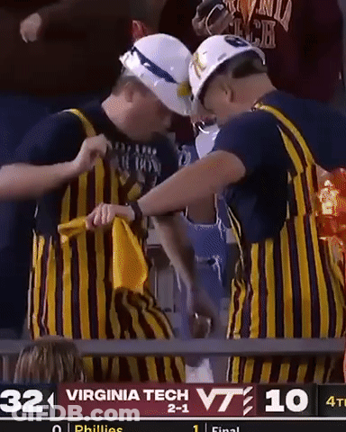 Two Men In Striped Overalls At Virginia Tech Sign GIF