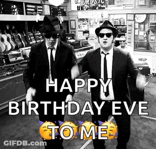 Two Men In Suits And Hats Are Dancing In A Store And Saying Happy Birthday Eve To Me GIF
