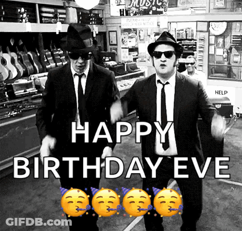 Two Men In Suits And Hats Are Dancing In A Store With The Words Happy Birthday Eve Above Them GIF