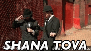 Two Men In Suits And Hats Are Standing Next To Each Other In Front Of A Fence . GIF