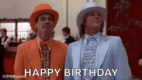 Two Men In Suits And Hats Are Standing Next To Each Other With The Words `` Happy Birthday '' Written Below Them . GIF