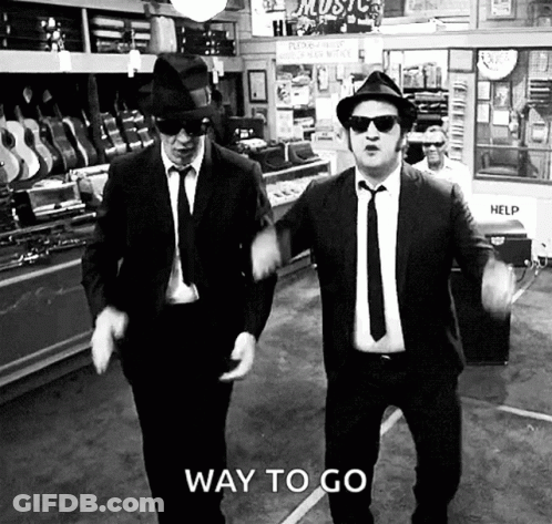 Two Men In Suits And Hats Dancing With Way To Go GIF