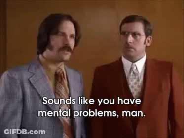Two Men In Suits And Ties Are Standing Next To Each Other And One Of Them Says " Sounds Like You Have Mental Problems Ma GIF