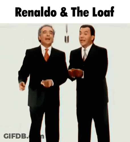 Two Men In Suits With Renaldo & The Loaf Above GIF