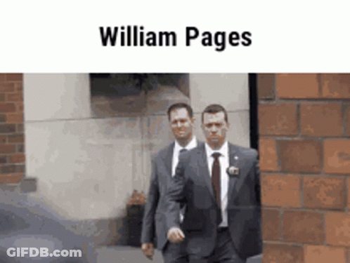 Two Men In Suits And Ties Are Walking In Front Of A Brick Wall With The Name William Pages On The Top GIF