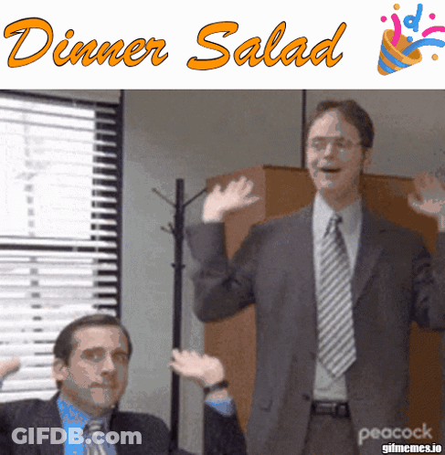 Two Men In Suits And Ties Are Waving Their Hands In Front Of A Sign That Says Dinner Salad GIF