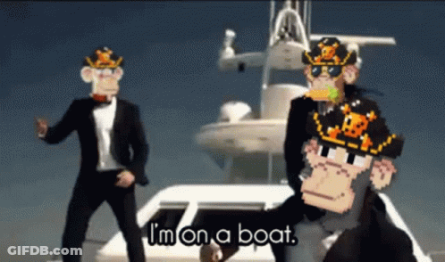 Two Men In Suits Are Dancing In Front Of A Boat With The Words I 'M On A Boat On The Bottom GIF