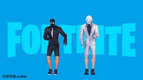 Two Men In Suits Are Standing In Front Of A Blue Background That Says Fortnite GIF