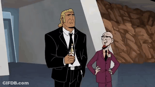 Two Men In Suits Are Standing Next To Each Other With One Holding A Beer GIF