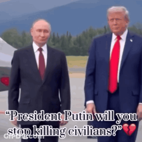Two Men In Suits Saying President Putin Will You Stop Killing Civil GIF