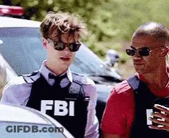 Two Men In Sunglasses And FBI Vest In Front Of Police Car GIF