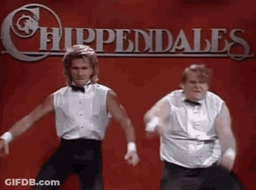 Two Men In Tuxedos Are Dancing In Front Of A Sign That Says `` Chippendale '' . GIF