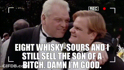 Two Men In Tuxedos Are Hugging Each Other With The Words Eight Whisky Sours And Still Sell The Son Of A Bitch . GIF