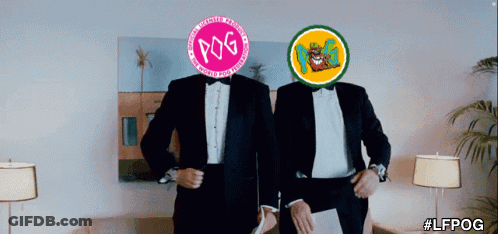 Two Men In Tuxedos Are Standing Next To Each Other And One Has A Pink Circle With The Word Pog In It GIF