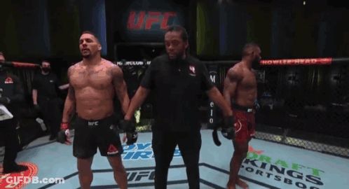 Two Men In UFC Ring Holding Hands With Referee GIF