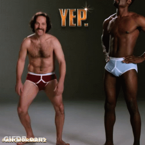 Two Men In Underwear Are Standing Next To Each Other With Yep Written On The Bottom GIF