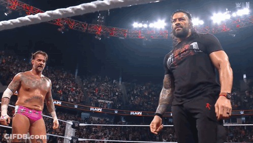 Two Men In Wrestling Ring With Raw Banner GIF