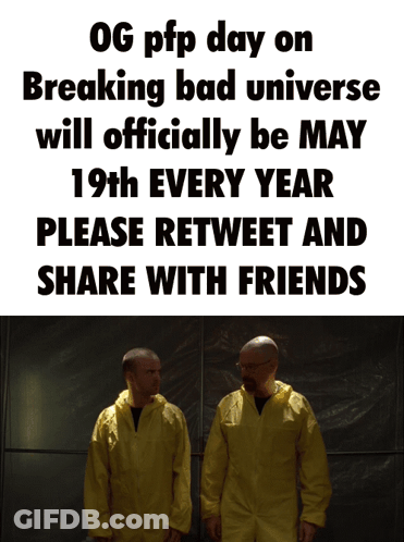 Two Men In Yellow Coveralls In Front Of PFP Day Sign GIF