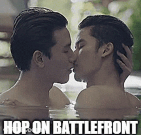 Two Men Kissing In Bathtub Hop On Battlefront GIF