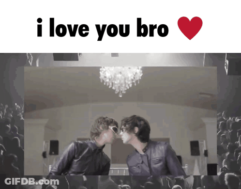 Two Men Kissing In Front Of A Crowd With The Words I Love You Bro Above Them GIF