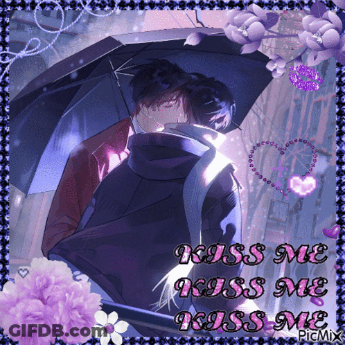 Two Men Kissing Under Umbrella Saying Kiss Me GIF
