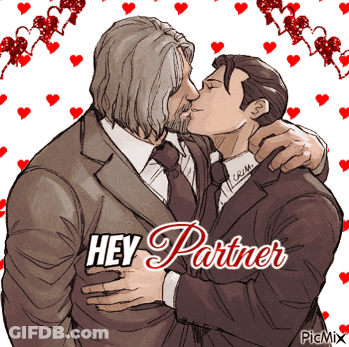 Two Men Kissing With Caption Hey Partner GIF