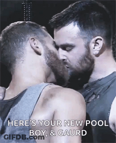 Two Men Kissing With Pool Boy Guard GIF