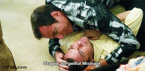 Two Men Laying On Floor Saying Stupid Forgetful Michael GIF