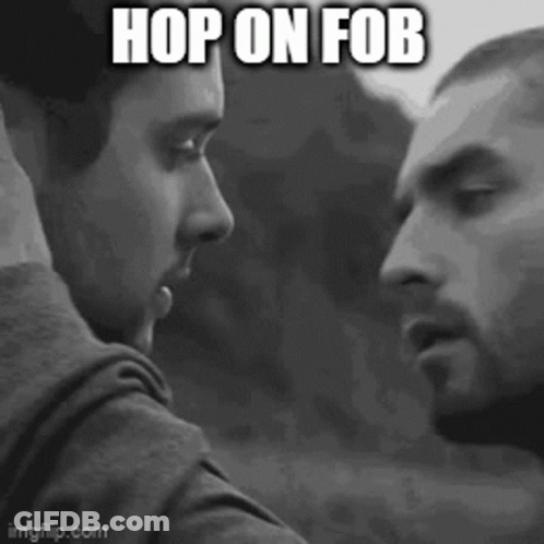 Two Men Looking At Each Other Hop On Fob GIF